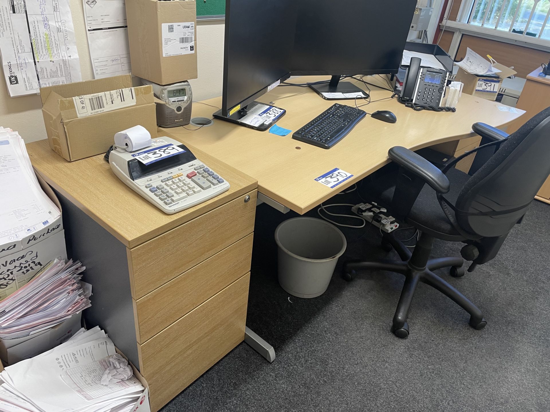 Light Oak Veneered Curved Front Cantilever Framed Desk, with two desk pedestals, fabric - Image 2 of 2