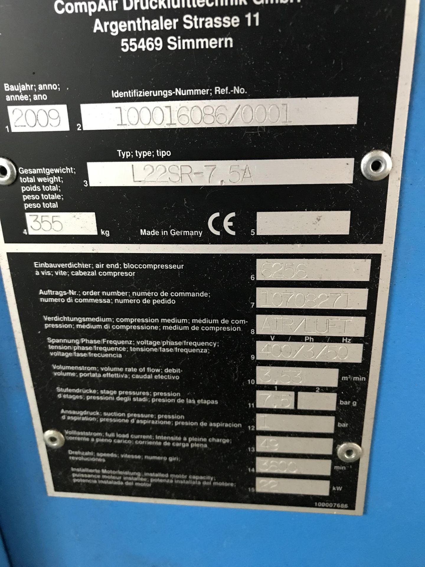 Compair L22 SR-7.5A Rotary Screw Air Compressor, serial no. 100016086/0001, year of manufacture - Image 2 of 2