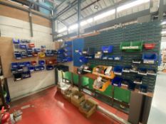 Assorted Stacking Bins, with wall rack, fastening and fitting contents, and on floorPlease read
