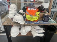 Assorted PPE, including hard hats, high visibility clothing, ear defenders and overalls, as set