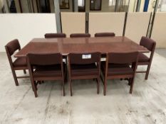 Meeting Table, approx. 2.1m x 1.1m, with eight brown fabric upholstered wood framed stand