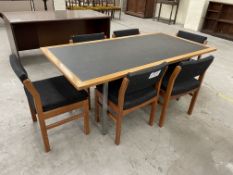 Meeting Table, approx. 1.8m x 900mm, with six wood framed grey fabric upholstered stand chairsPlease