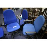 Three Blue Fabric Upholstered Swivel Armchairs (no