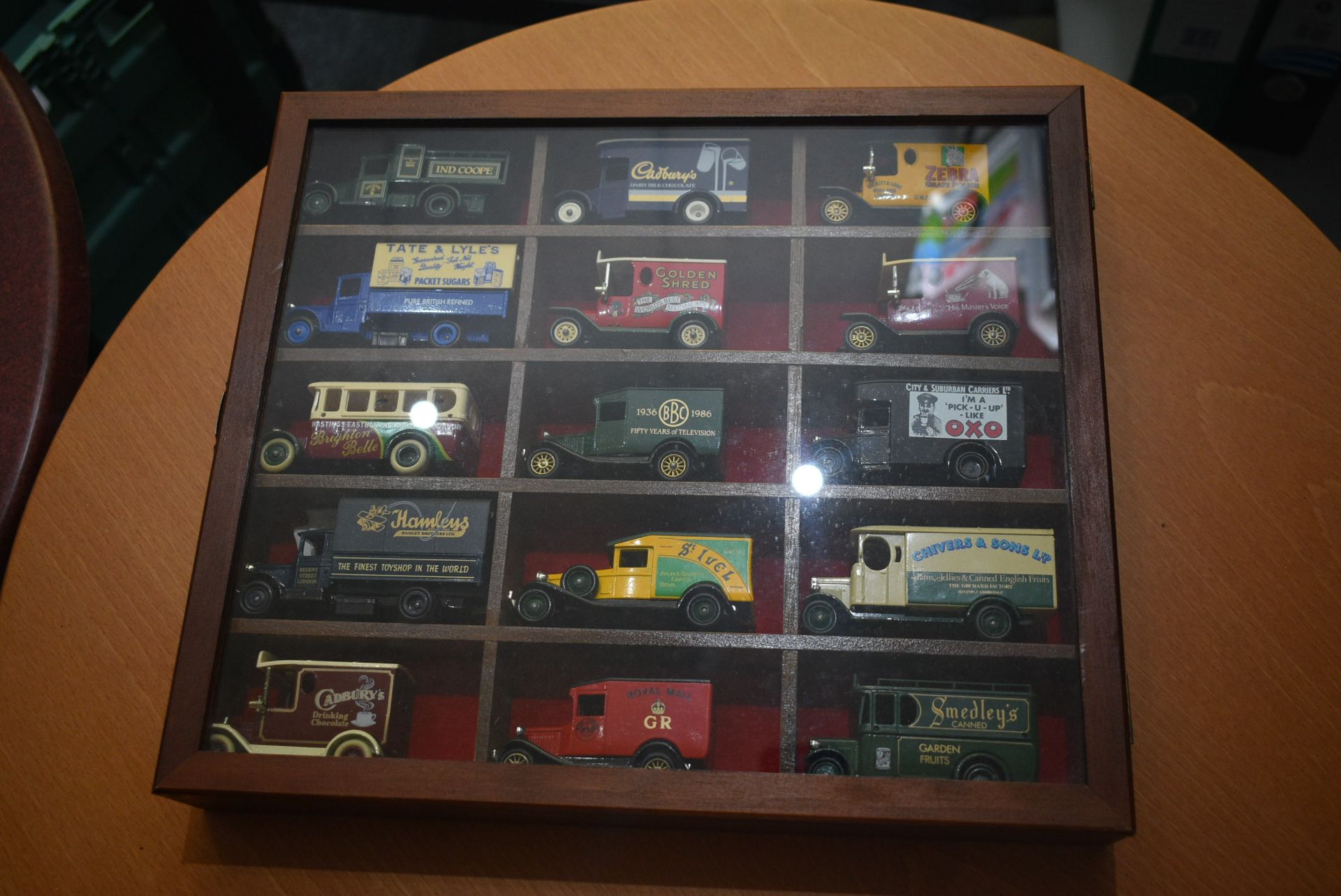 Toy Trucks Set, in glazed frame, comprising 15 ass