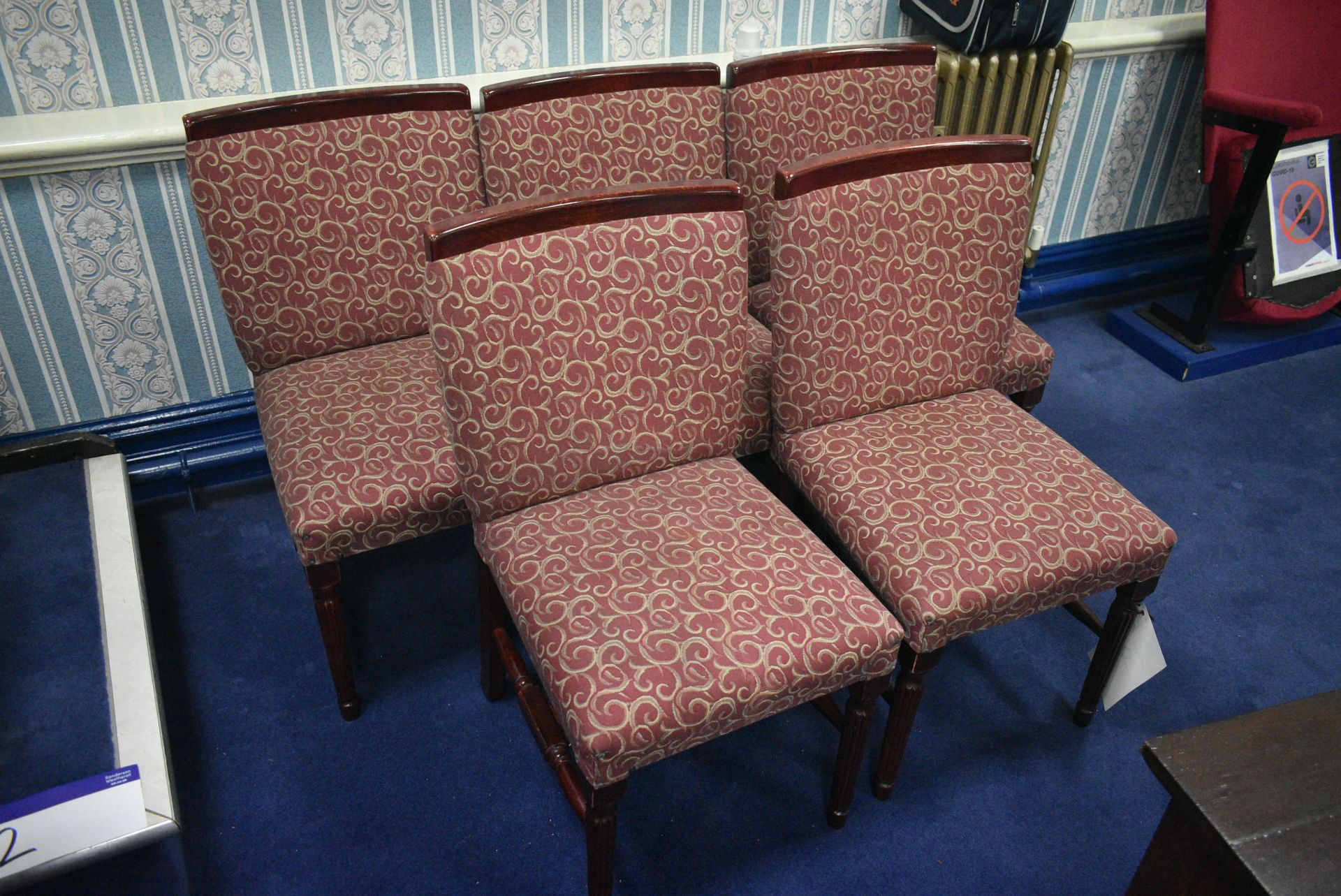 Five Fabric Upholstered Wood Framed Stand Chairs (note – no fire warning label to underside)Please - Image 2 of 2