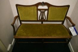 WOOD FRAMED TWO SEATER SOFA, 1.3m wide (note – no fire label to underside) (Known to require
