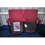 Bank of Two Red Fabric Upholstered Fold-up Seats, 1.1m wide overallPlease read the following