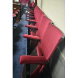 Bank of Seven Red Fabric Upholstered Fold-up Seats, 3.6m wide overallPlease read the following