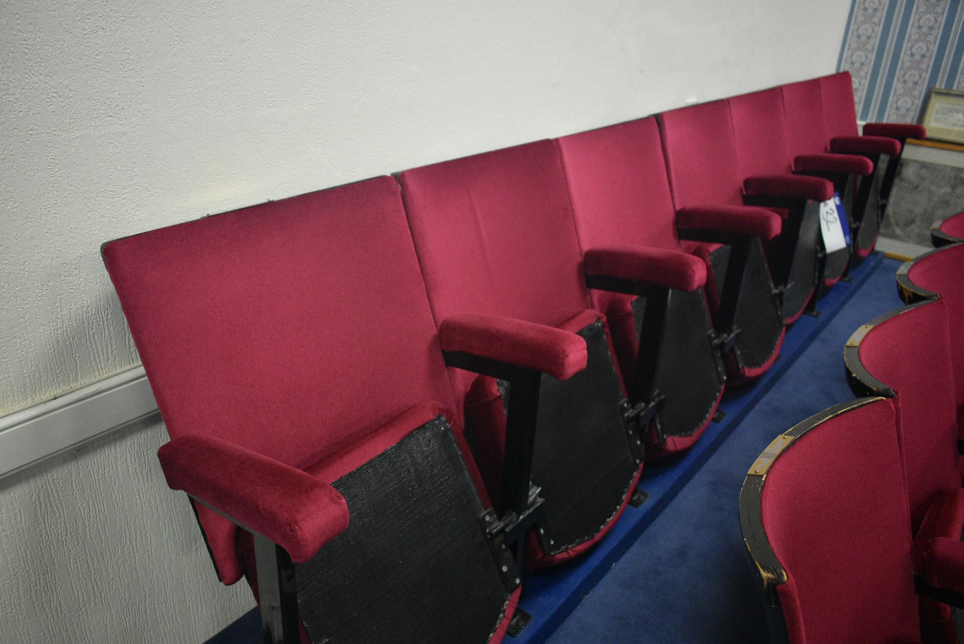 Bank of Seven Red Fabric Upholstered Fold-up Seats, 3.6m wide overallPlease read the following - Image 2 of 3