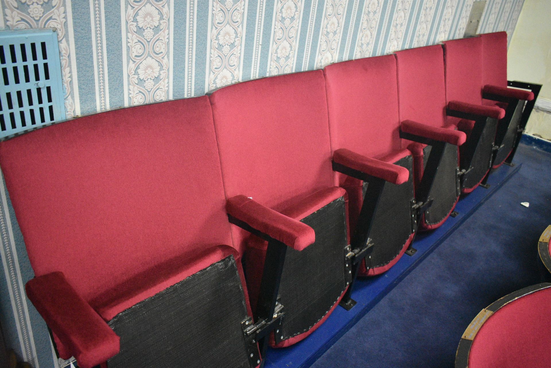 Bank of Six Red Fabric Upholstered Fold-up Seats, 3.1m wide overallPlease read the following - Image 2 of 3