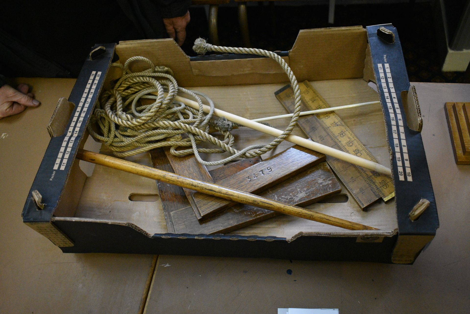 Box & Contents, including two 24in. gauges, three squares, three pointing sticks and cable - Image 2 of 2