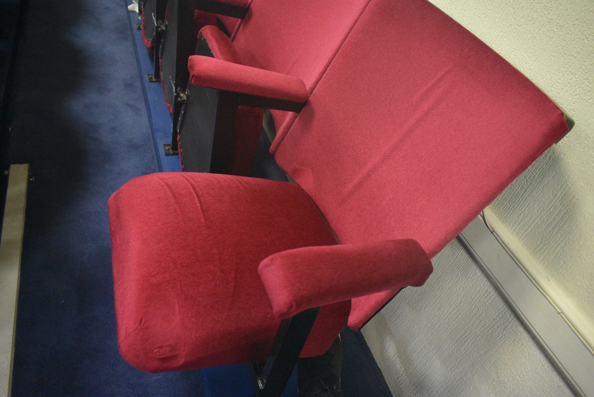 Bank of Seven Red Fabric Upholstered Fold-up Seats, 3.6m wide overallPlease read the following - Image 2 of 2