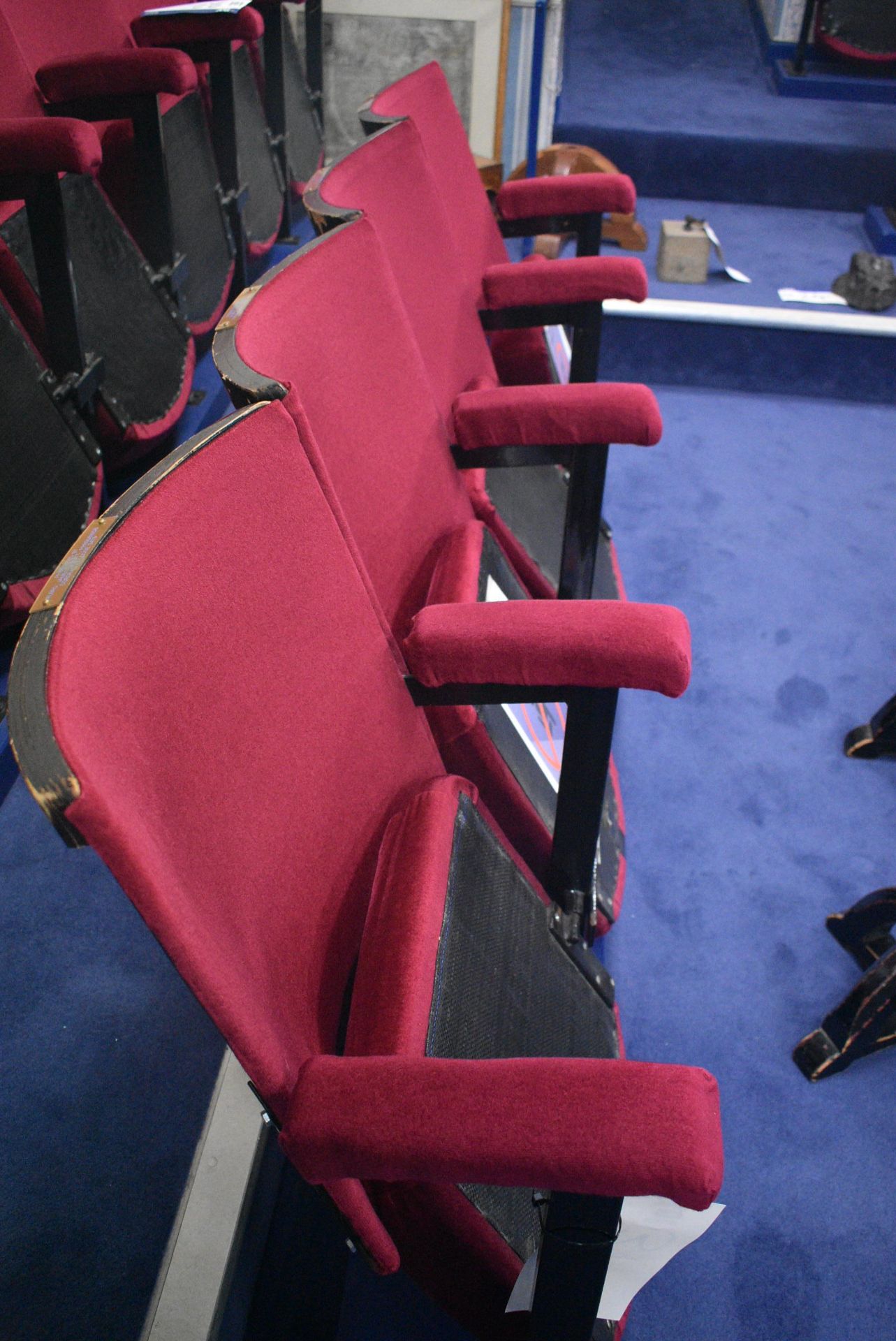 Bank of Four Red Fabric Upholstered Fold-up Seats, 2.1m wide overallPlease read the following - Image 2 of 3