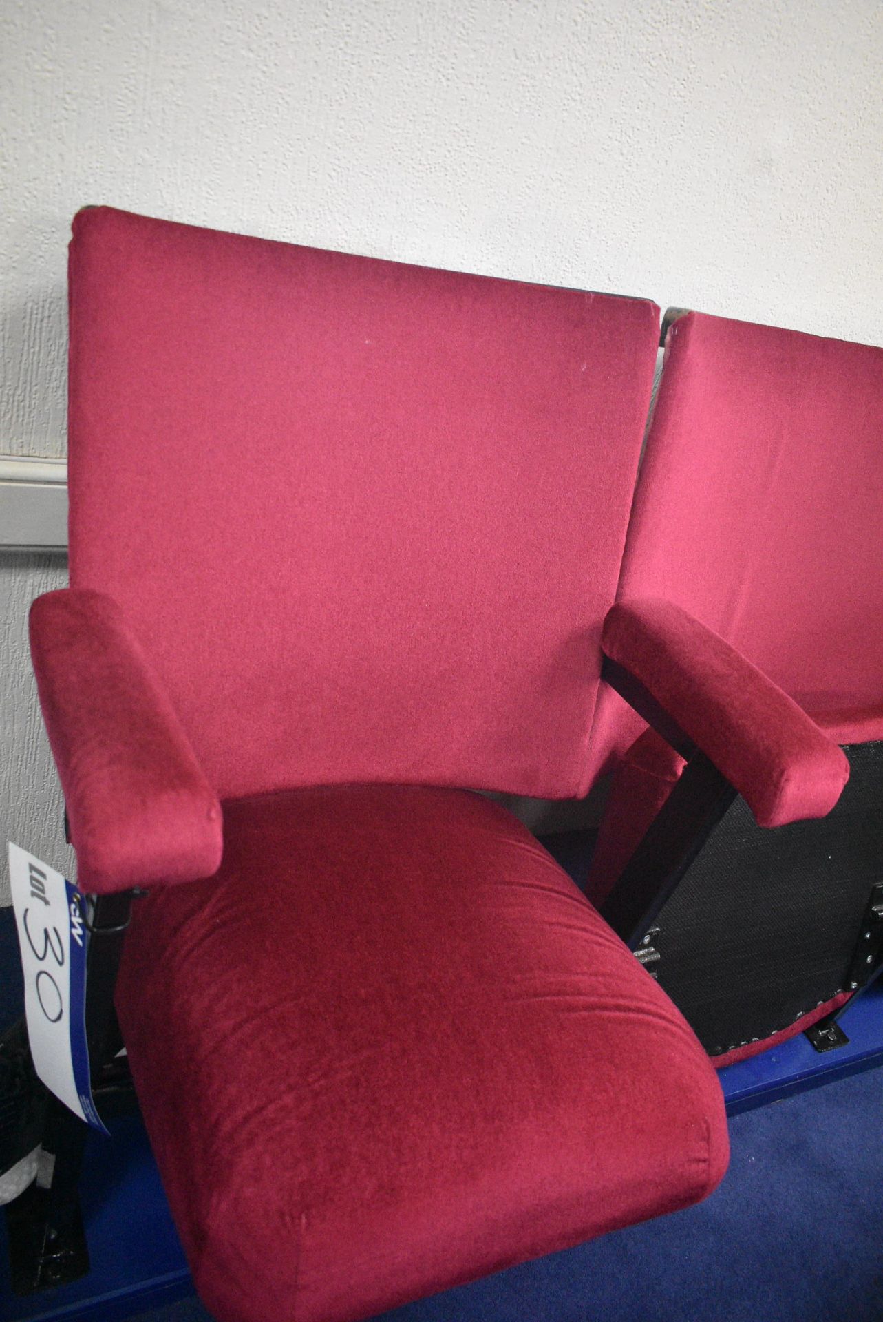 Bank of 11 Red Fabric Upholstered Fold-up Seats, 5.64m wide overallPlease read the following - Image 2 of 4