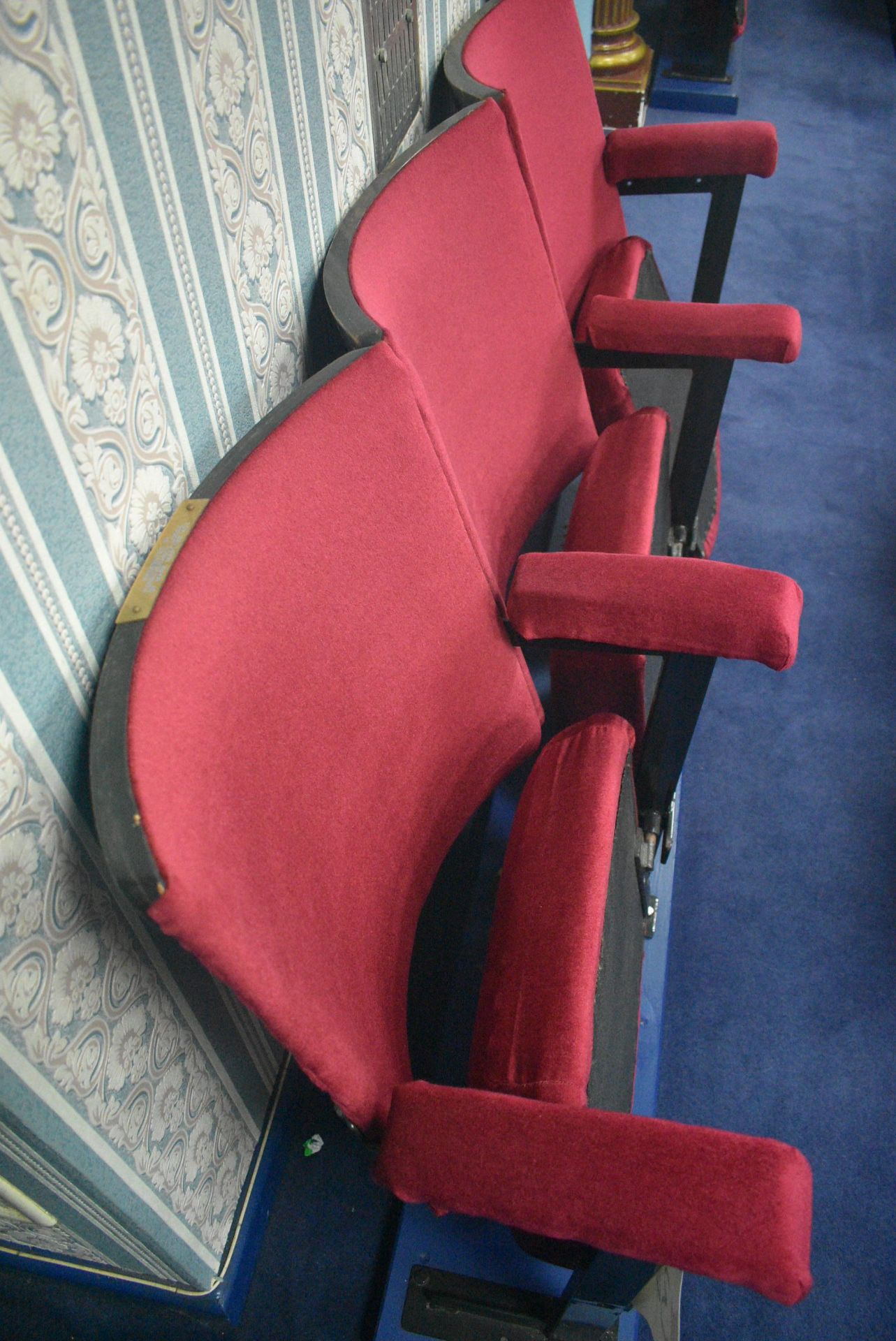 Bank of Three Red Fabric Upholstered Fold-up Seats, 1.6m wide overallPlease read the following - Image 2 of 3