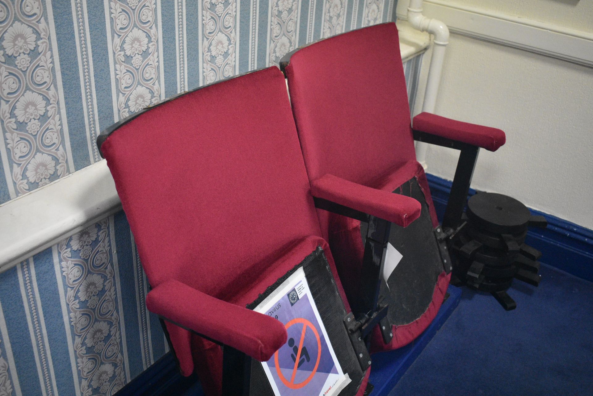 Bank of Two Red Fabric Upholstered Fold-up Seats, 1.1m wide overallPlease read the following - Image 2 of 3