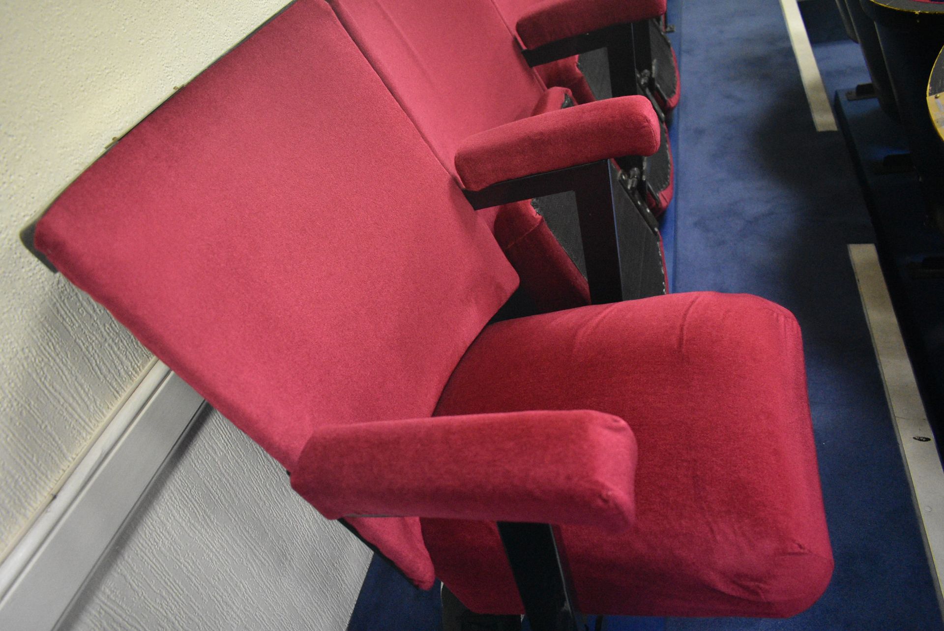 Bank of Seven Red Fabric Upholstered Fold-up Seats, 3.6m wide overallPlease read the following - Image 3 of 3