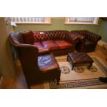 Three Seater Chesterfield Settee, with wing back armchair, single seater chair and foot