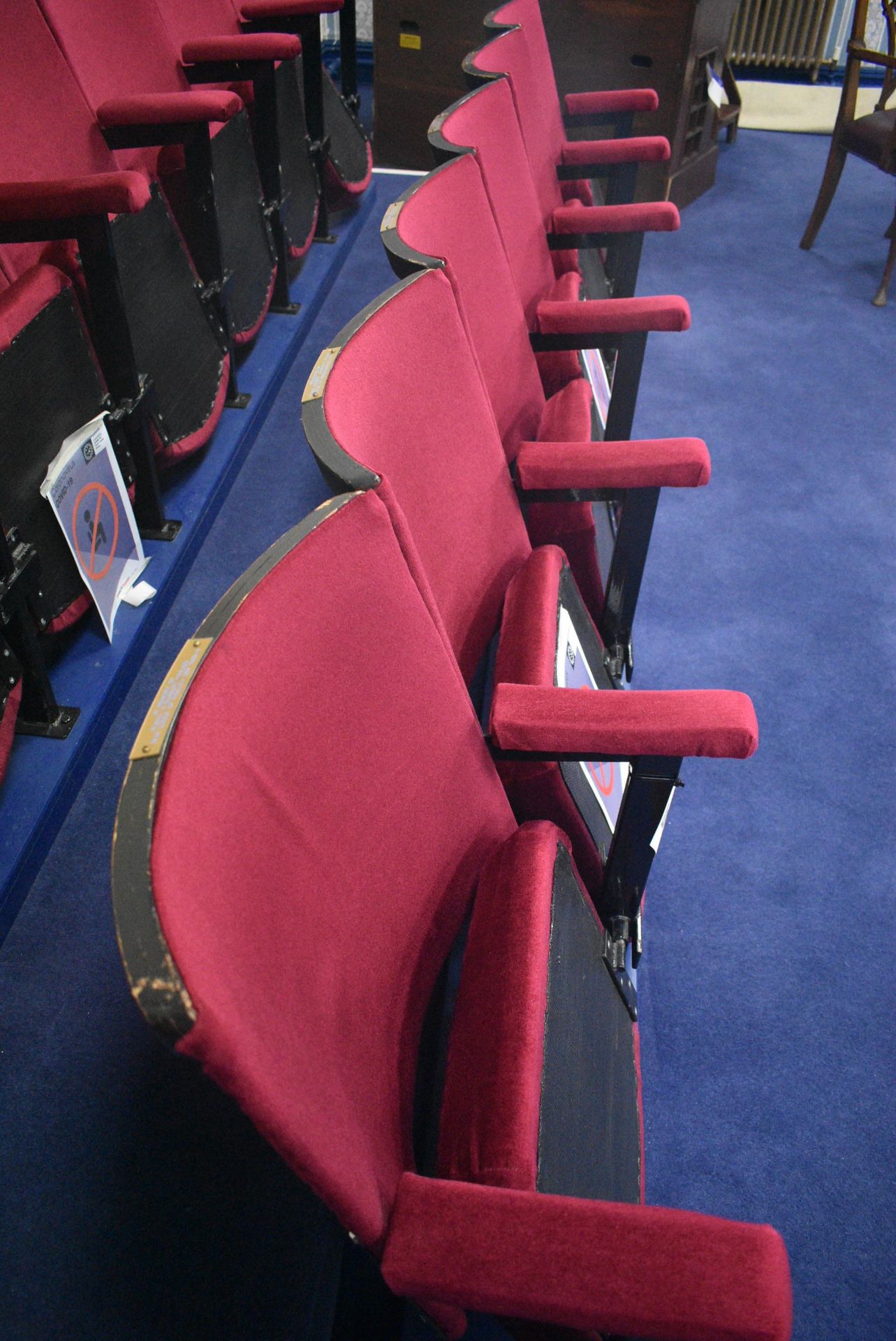 Bank of Six Red Fabric Upholstered Fold-up Seats, 3.1m wide overallPlease read the following - Image 2 of 3