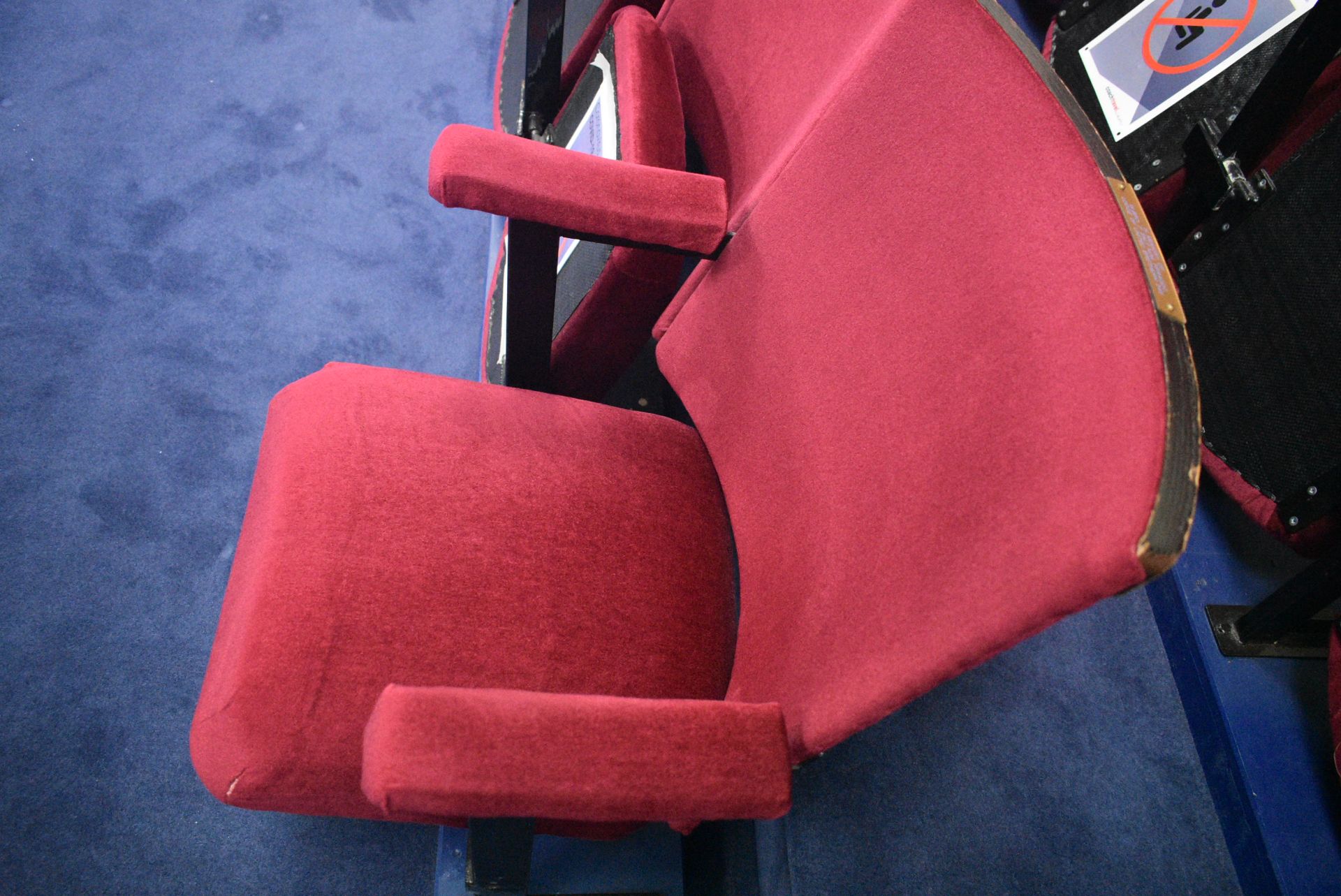 Bank of Seven Red Fabric Upholstered Fold-up Seats, 3.65m wide overallPlease read the following - Image 2 of 2