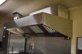 Stainless Steel Fume Extraction Canopy, approx. 2.5m x 1.1m x 500mm deep, with immediate trunking (