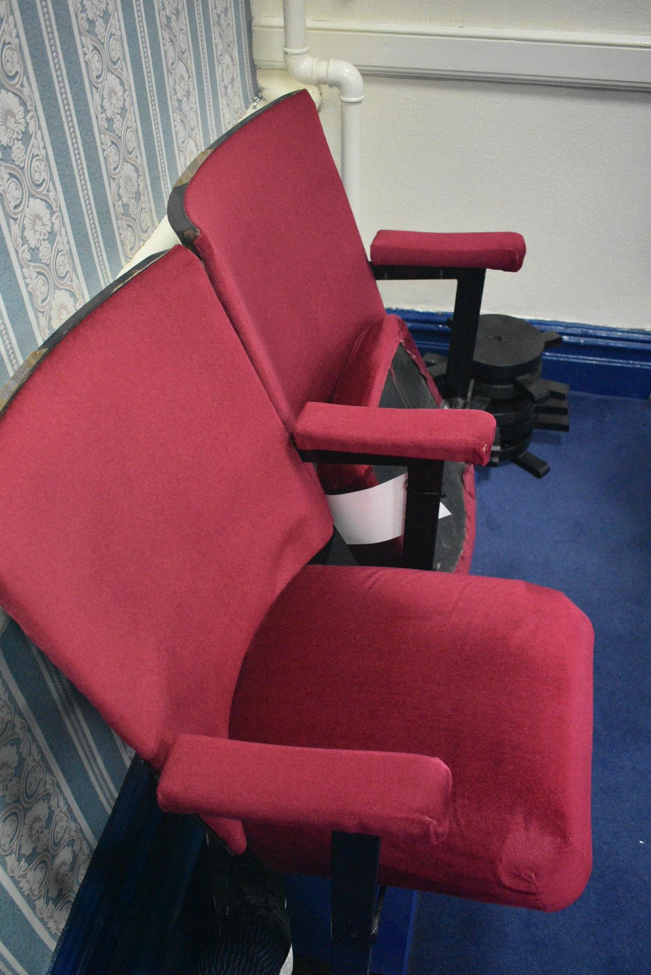 Bank of Two Red Fabric Upholstered Fold-up Seats, 1.1m wide overallPlease read the following - Image 3 of 3