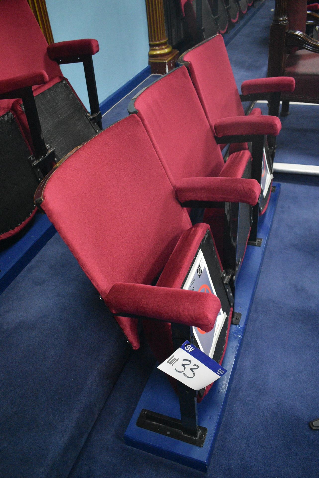 Bank of Three Red Fabric Upholstered Fold-up Seats, 1.6m wide overallPlease read the following - Image 2 of 3