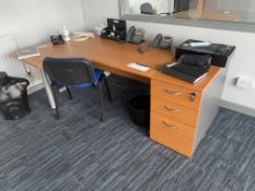 Oak Veneered Curved Front Cantilever Framed Desk, with desk pedestal and fabric upholstered stand