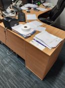 Two Curved Front Oak Veneered Cantilever Framed Desks, with two pedestals and two leather effect