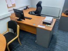 Curved Front Oak Veneered Cantilever Framed Desk, with extension table, desk pedestal and fabric