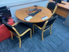 Circular Oak Veneered Meeting Table, with three fabric upholstered chairsPlease read the following