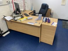 Oak Veneered Curved Front Desk, with two desk pedestals, shelving unit and leather effect