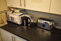 Microwave Oven, with sandwich toaster, two kettles and toaster (microwave known to require