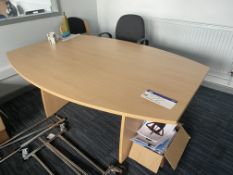 Contents of Office, including oval shaped light oak veneered desk, two fabric upholstered chairs,