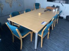 Light Oak Veneered Three Section Boardroom Table, with nine fabric upholstered stand chairs and