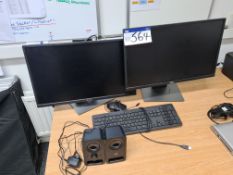 Two Dell Monitors, with two speakers, keyboard and