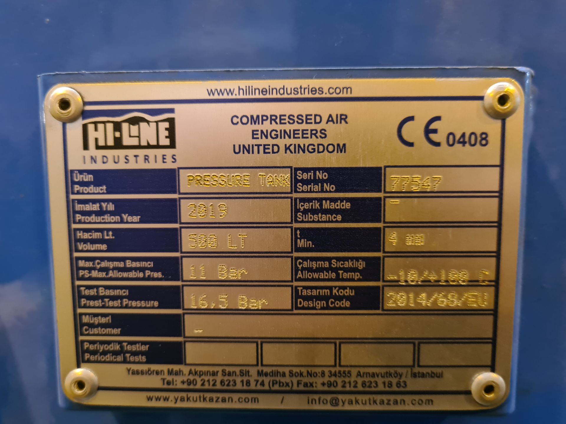 Hi Line 500 litre Steel Air Receiver, serial no. 7 - Image 2 of 2