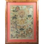 Intricate Buddhist Thangka With Burl Wood Frame