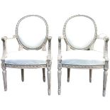 Pair Gustavian Swedish Carved Uphol White Chairs