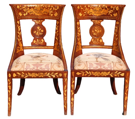 Pair of Italian Marquetry Inlaid Wooden Chairs