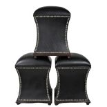 (3) Black Leather Footstools