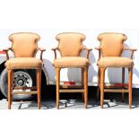 (3) High Top Carved & Leather Arm Chairs