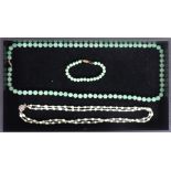 Green Stone Necklace w Bracelet, & Pearl Necklace