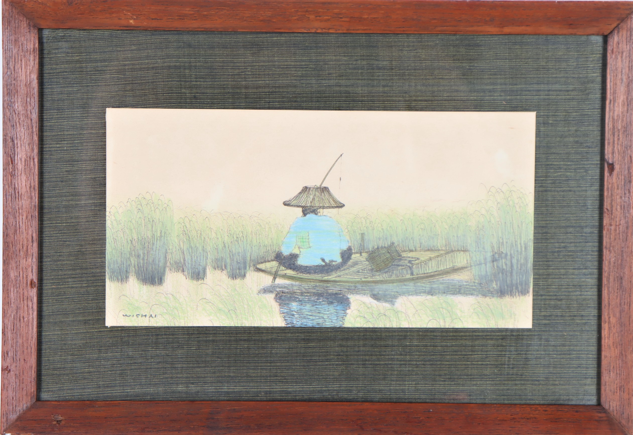 Signed Wichai Watercolor Fishing Scene