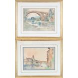 Pair of European Watercolors, Bridge Scenes