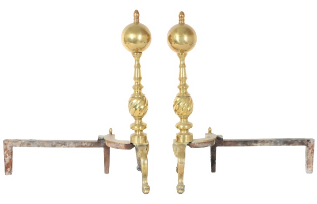 Pair of Brass Cannonball Top Andirons