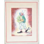 Vintage Clown Portrait, Signed, Gouache on Paper