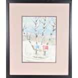 Winter Scene w Birches, Signed Watercolor