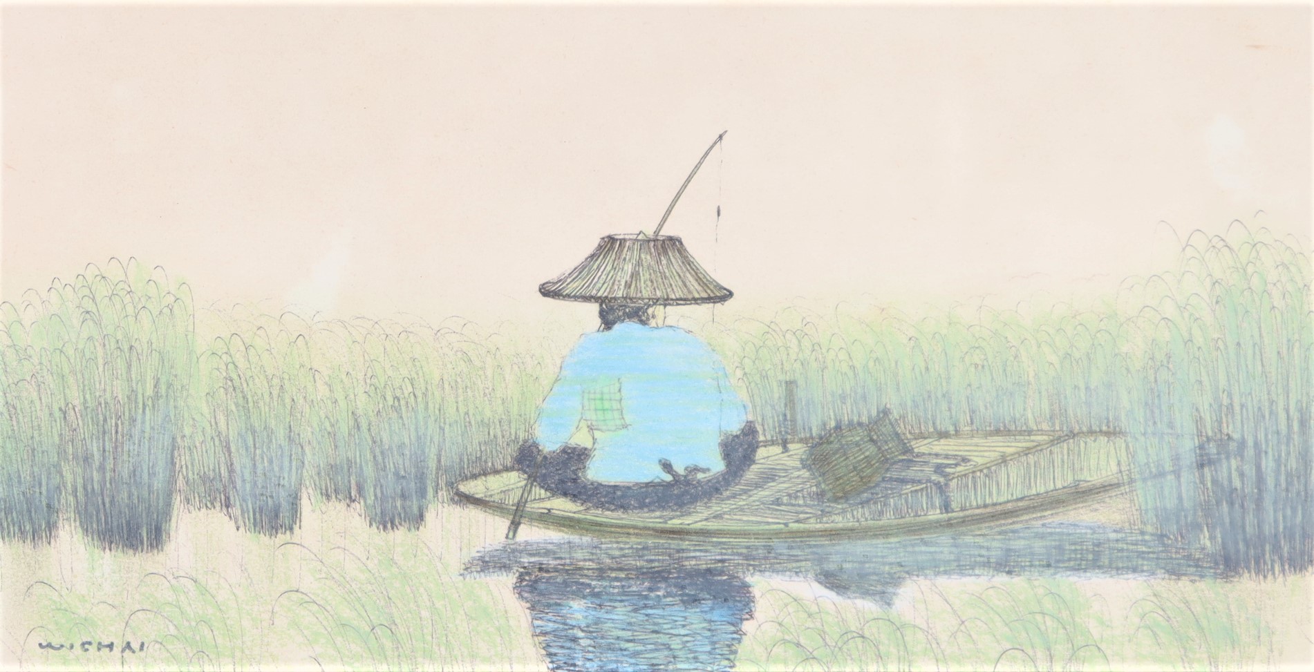 Signed Wichai Watercolor Fishing Scene - Image 2 of 4