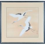 Japanese Crane Painting on Silk, Gouache